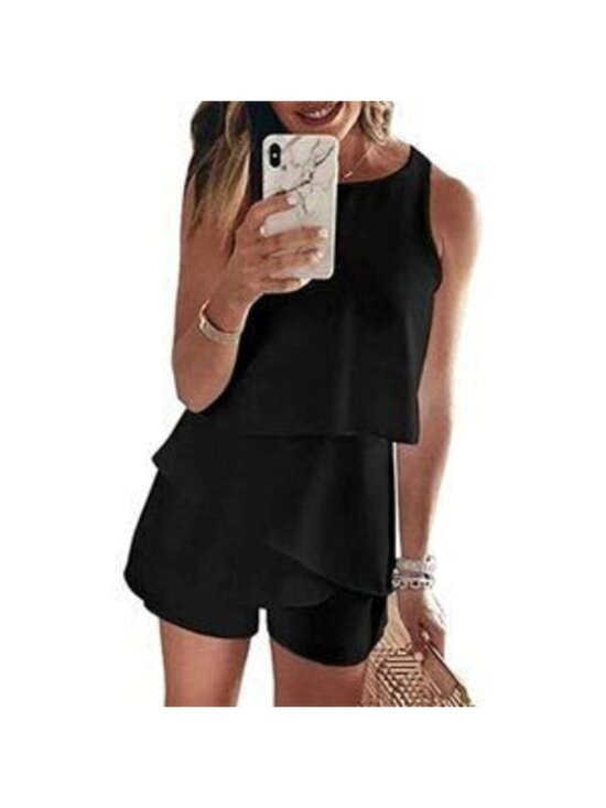 Pants - Women's Sleeveless Ruffle Romper Jumpsuit, Black